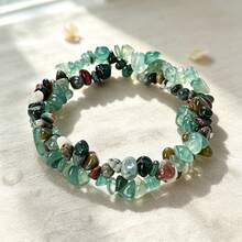 1Pc Double‑Row Natural Stone Chips Bracelet Irregular Gravel Beaded Elastic Bangle For Women Couple Healing Crystal Jewelry Gift - Multicolor - View 2
