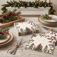 20/40/100pcs Christmas Holiday Disposable Paper Napkins, 2-Ply Red Cardinal & Cedar Tree Print Dinner Napkins, Pine Cone, Berry & Gold Snowflake Pattern Dessert Napkins, Suitable For Christmas Family Gatherings, Winter Holiday Dinner Parties, 6.5*6.5 Inches - Multicolor - View 1