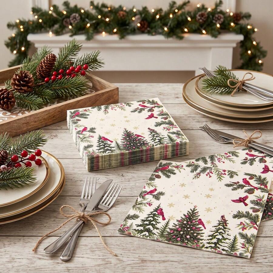 20/40/100pcs Christmas Holiday Disposable Paper Napkins, 2-Ply Red Cardinal & Cedar Tree Print Dinner Napkins, Pine Cone, Berry & Gold Snowflake Pattern Dessert Napkins, Suitable For Christmas Family Gatherings, Winter Holiday Dinner Parties, 6.5*6.5 Inches - Multicolor - View 1
