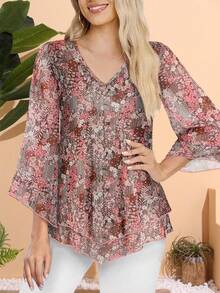 CheersLife Plus Size Women Elegant Blouse, V-Neck Double-Layer Elastic Mesh Casual Flowy Work Shirt With Ruffle Hem And 3/4 Bell Sleeves Vacation Spring - Multicolor - View 3