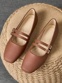 WHDXY Women's Brown Square Toe Flat Shoes With Dual Straps, Comfortable And Elegant, Suitable For Commuting And Casual Occasions - Brown - View 8