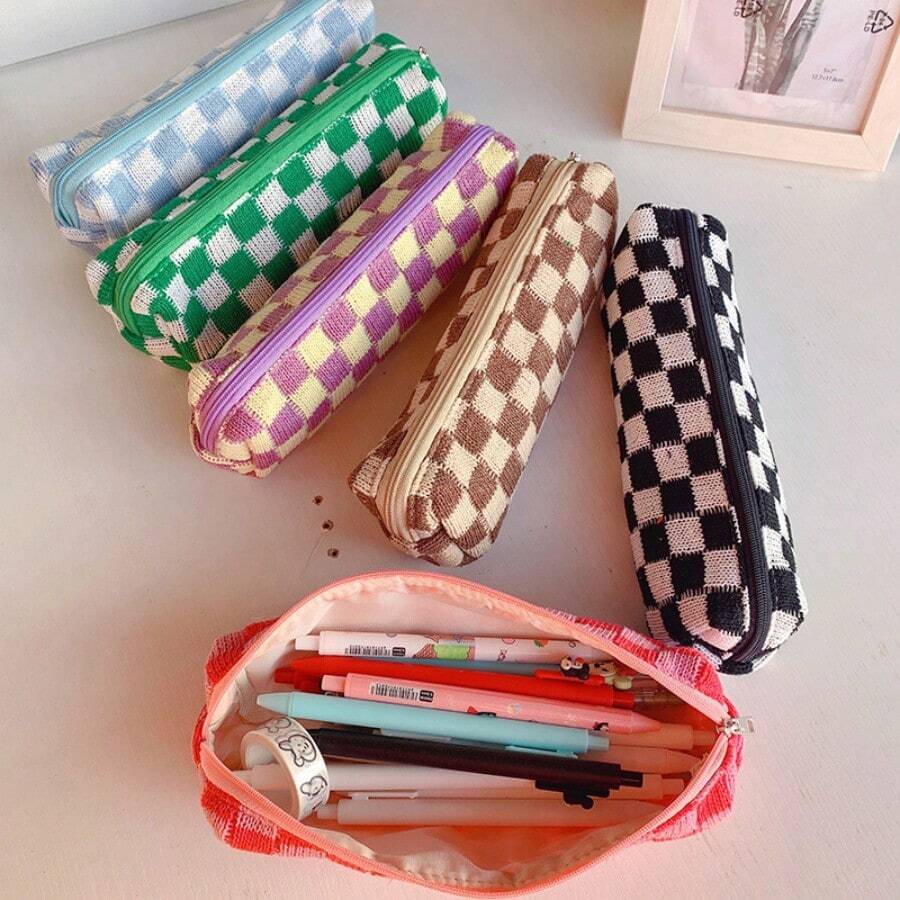 Knitted Pencil Case Korean Style INS Checkerboard Office Highly Attractive Stationery Box Minimalist Pencil Pouch - Multicolor - View 1