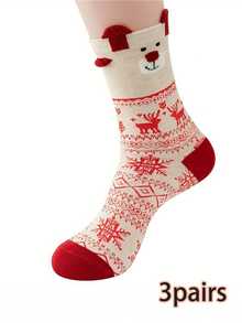 1/3/6 Pairs Of Women's Socks - Multi-Color Cartoon Reindeer 3D Design Fleece Polka Dot Texture Contrast Christmas Soft And Comfortable Mid-Calf Casual Socks For All Seasons - Multicolor - View 14