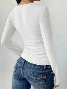 NOIRLYN Top femme Y2K automne décontracté sexy blocs de couleurs coupe slim manches longues col V, adapté pour le port quotidien et les trajets - Fleur blanche grise - Voir 2