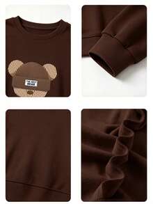 Coffee Brown Thermal Lined Bear Print Crew Neck Sweatshirt For Women, Casual Oversized Long Sleeve Pullover For Winter Fall - Khaki - View 5