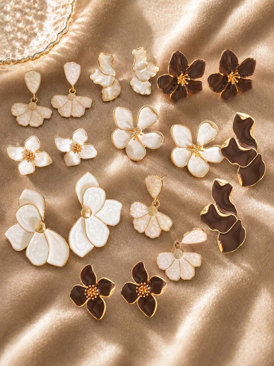 Random Style 6pcs/2pcs Simple Fashion Floral Drip Oil Earrings Set, Women's Sister Vacation Date Gift, Daily Casual Party Wedding Matching - Multicolor - View 1
