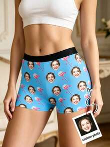 1pc Women's Customized Face & Lollipop Print Pink Hipster Panties, Personalized Soft Casual Underwear - Blue - View 2