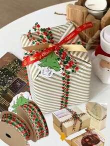 شريط دانتيل منسوج باللونين الأحمر والأخضر مع كرات بوم بوم DIY لتغليف الهدايا وإكسسوارات عيد الميلاد - متعدد الألوان - مشاهدة 2