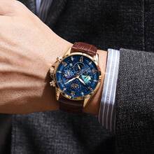 Jam Tangan Quartz Tiga Mata Kasual Pria LIGE, Tahan Air, Bercahaya, Fase Bulan Elektronik, Multifungsi, Kalender, Hadiah Sempurna - Hitam - View 3