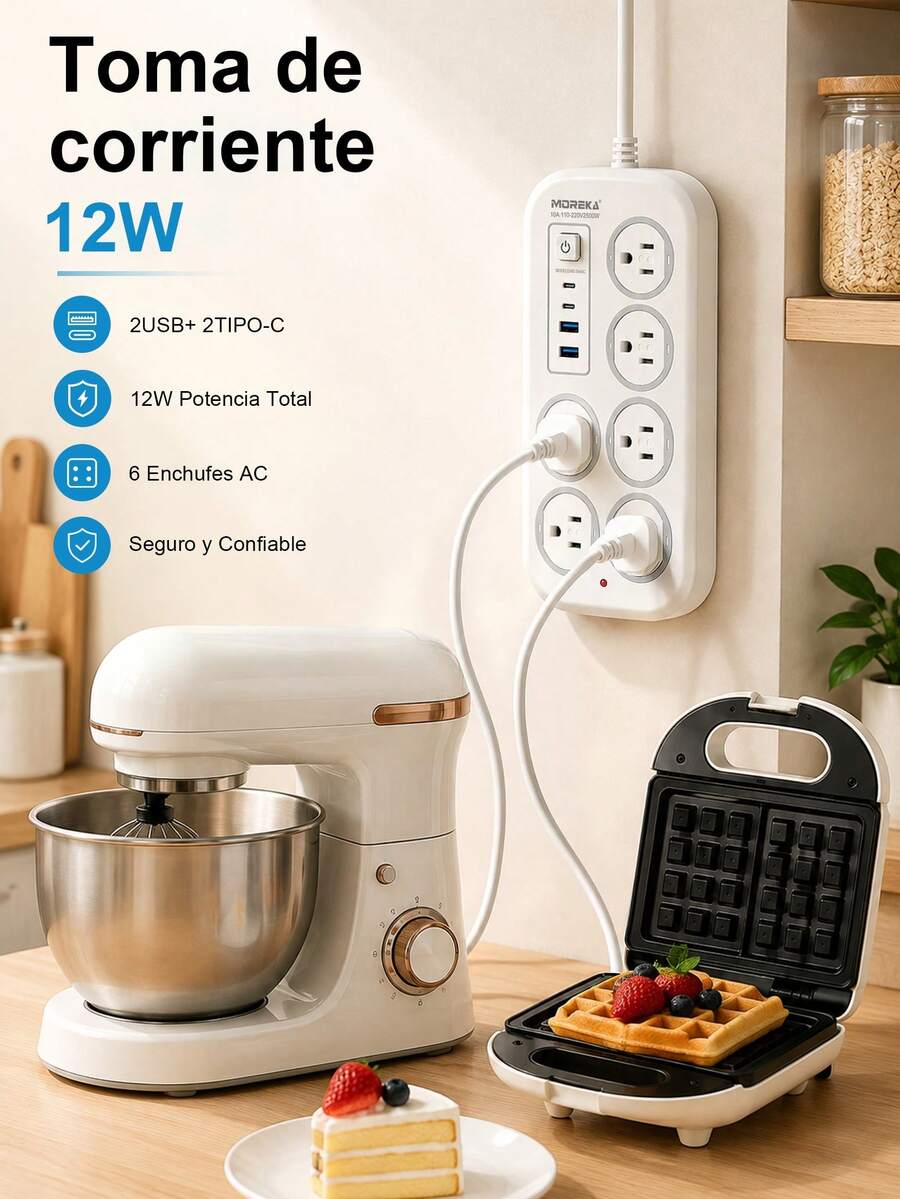 ONEEKA Regleta multifuncional con 2 puertos USB y 2 Type-C y 6 enchufes, protección contra sobrecargas y fabricada con materiales resistentes al desgaste.