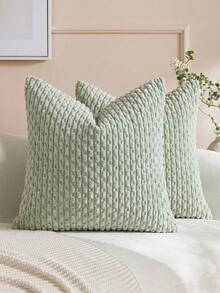 1pc/2pcs Bohemian Striped Throw Pillow Cover (Pillow Insert Not Included), Soft Plush Corduroy Solid Color Decorative Square Pillow Sham, Suitable For Holiday, Sofa, Bedroom, Bed, All Seasons - Pastel Green - View 2