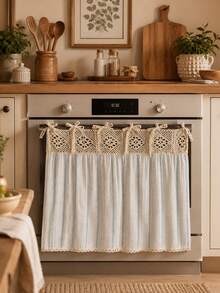 Boho Vintage Blue Striped Oven Curtain, Crochet Lace Tie‑On Kitchen Short Tier Curtain, Dust‑Proof Decorative Cover For Dishwasher, Cabinets & Small Windows, Farmhouse Kitchen Home Decor - Blue - View 2