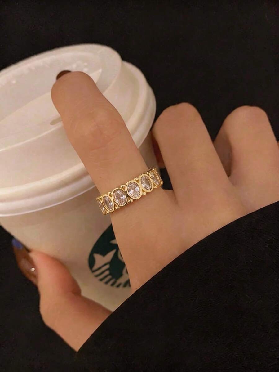 1pc Luxury Style Fashion Versatile Unique Elegant, Fade-Resistant Copper Oval Rhinestone Open Adjustable Ring, Suitable For Women's Daily Wear, Dating, Party, Gift Accessory - Gold - View 1