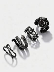 Gothic Women's Ring Set, Stackable Black Halloween Jewelry, Snake And Flower Design, Multi-Element, Holiday Gift - Black - View 5