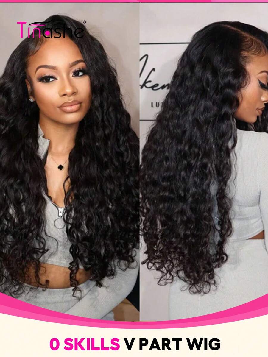 Tinashe باروكة شعر بشري طبيعي مموج مجعد بفتحة V بمظهر فروة رأس وكثافة 200% بدون ترك شعر طبيعي برازيلي بلون طبيعي للنساء بدون غراء مع مشابك Clip & Go