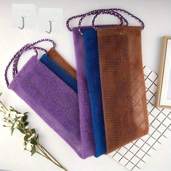 Juego de esponja de baño africana de agujero largo (incluye 2 ganchos) | Cepillo exfoliante para la espalda con cuerda para colgar, suave y amigable con la piel, suministros de baño para el hogar, exfoliante corporal, esponja de red africana, guante exfoliante, accesorios de baño, cepillo para la espalda, cepillo de ducha
