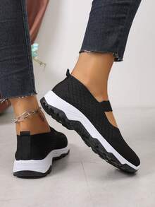 NOBLEARL Women's Mary Jane Knit Slip On Sneakers, Elastic Strap Flat Walking Shoes, Breathable Mesh Lightweight Casual Shoes - Black - View 5
