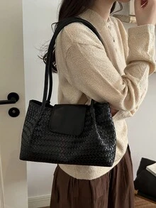 1pc Large Capacity Tote Bag, New Shopping Bag, Woven Texture Commuter Handbag, Can Be Used As Shoulder Bag Or Underarm Bag, Suitable For Women, Ideal For Short Trips, Also A Perfect Gift For Mothers, Lightweight Handbag Blending Classic Casual And Business Casual Styles. It's Very Suitable For Young Women, Able To Easily Adapt To Work Environment, Back To School Season, Middle School/High School/College Life And Holiday Travel. - Black - View 5