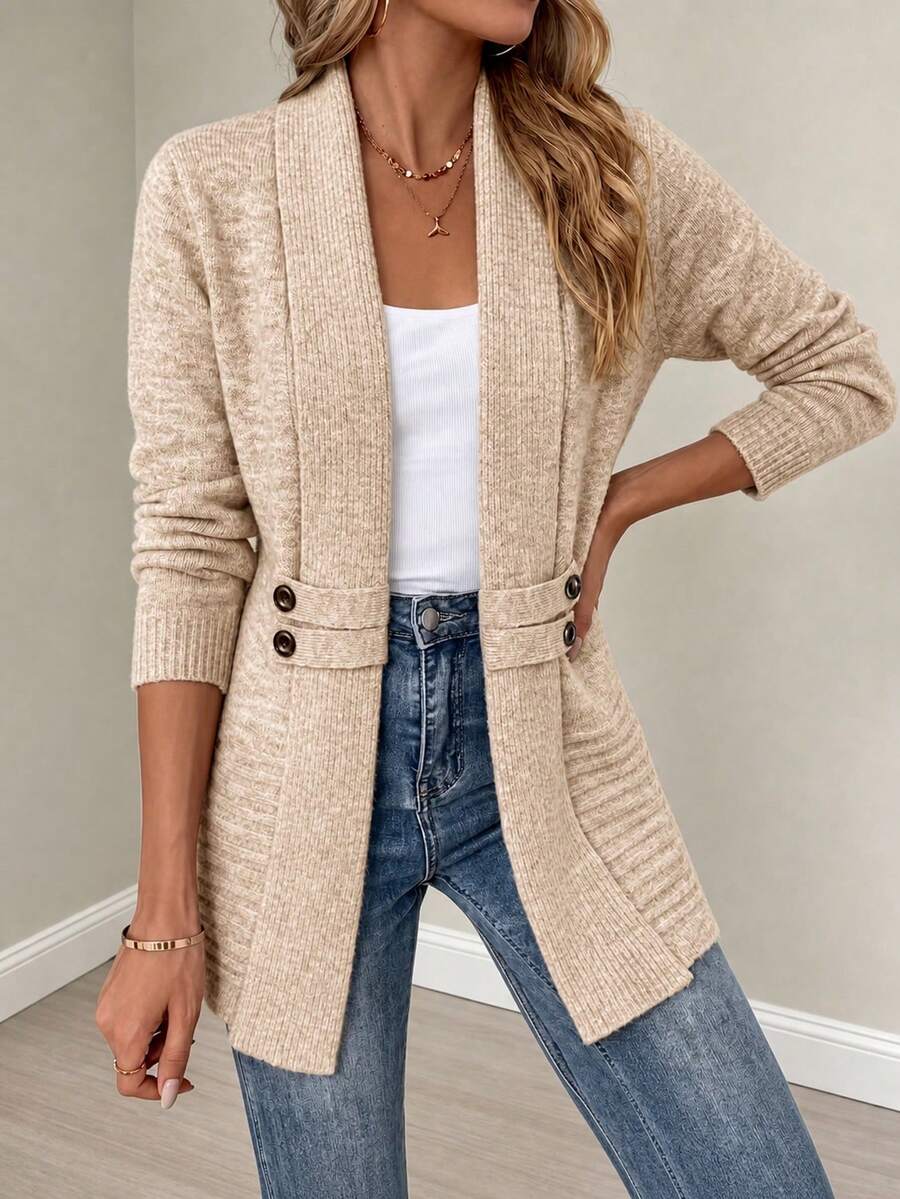 Women's Plus Size Ribbed Knit Cardigan With Button Detail, Suitable For Autumn/Winter Outerwear