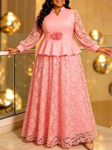 Elegant Plus Size Pink 2 Pieces Set, Ruffle Top, V-Neck Long Sleeve, Floral Waist Belt, Lace A-Line Long Skirt, Church Wedding Guest Autumn Outfit - Pink - View 1