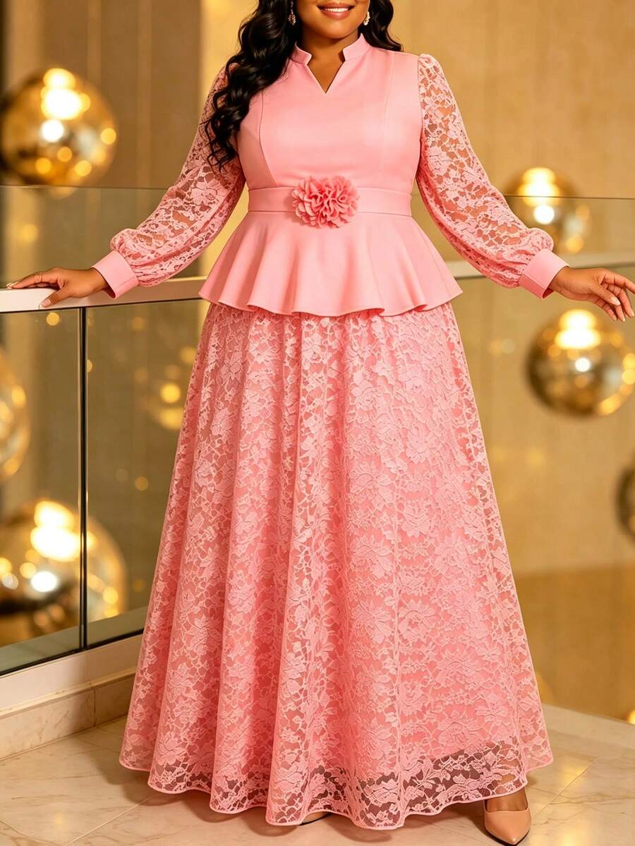 Elegant Plus Size Pink 2 Pieces Set, Ruffle Top, V-Neck Long Sleeve, Floral Waist Belt, Lace A-Line Long Skirt, Church Wedding Guest Autumn Outfit - Pink - View 1