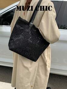 Lace Pattern Decorated Shoulder Tote Bag, Large Capacity Multi-Item Storage, Open Closure, Gentle Atmosphere Tote Bag Suitable For Commuting, Work, School, Shopping, Short Trips, Daily Outings - Black - View 6