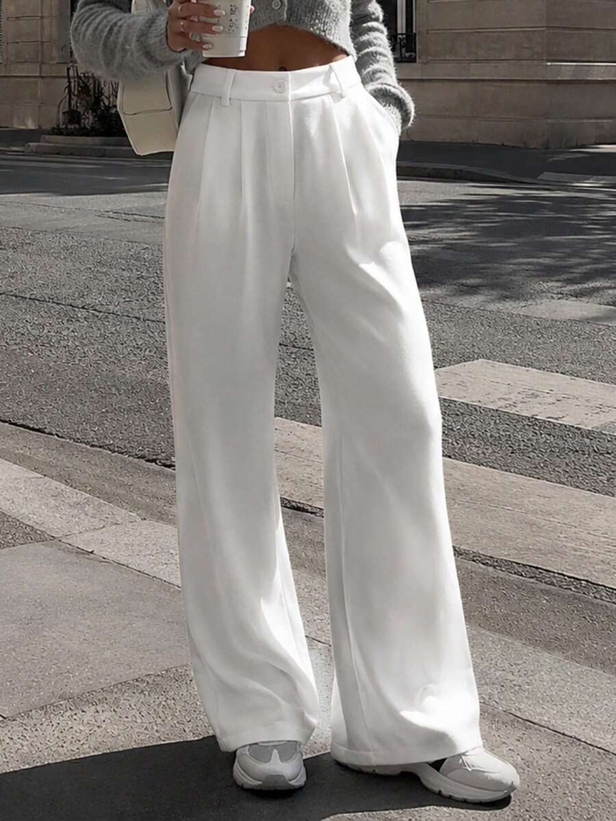 Women's White Polyester Straight Leg Pants With Button And Zipper Details, Suitable For Spring Wear, Non-Stretch Fabric - White - View 1