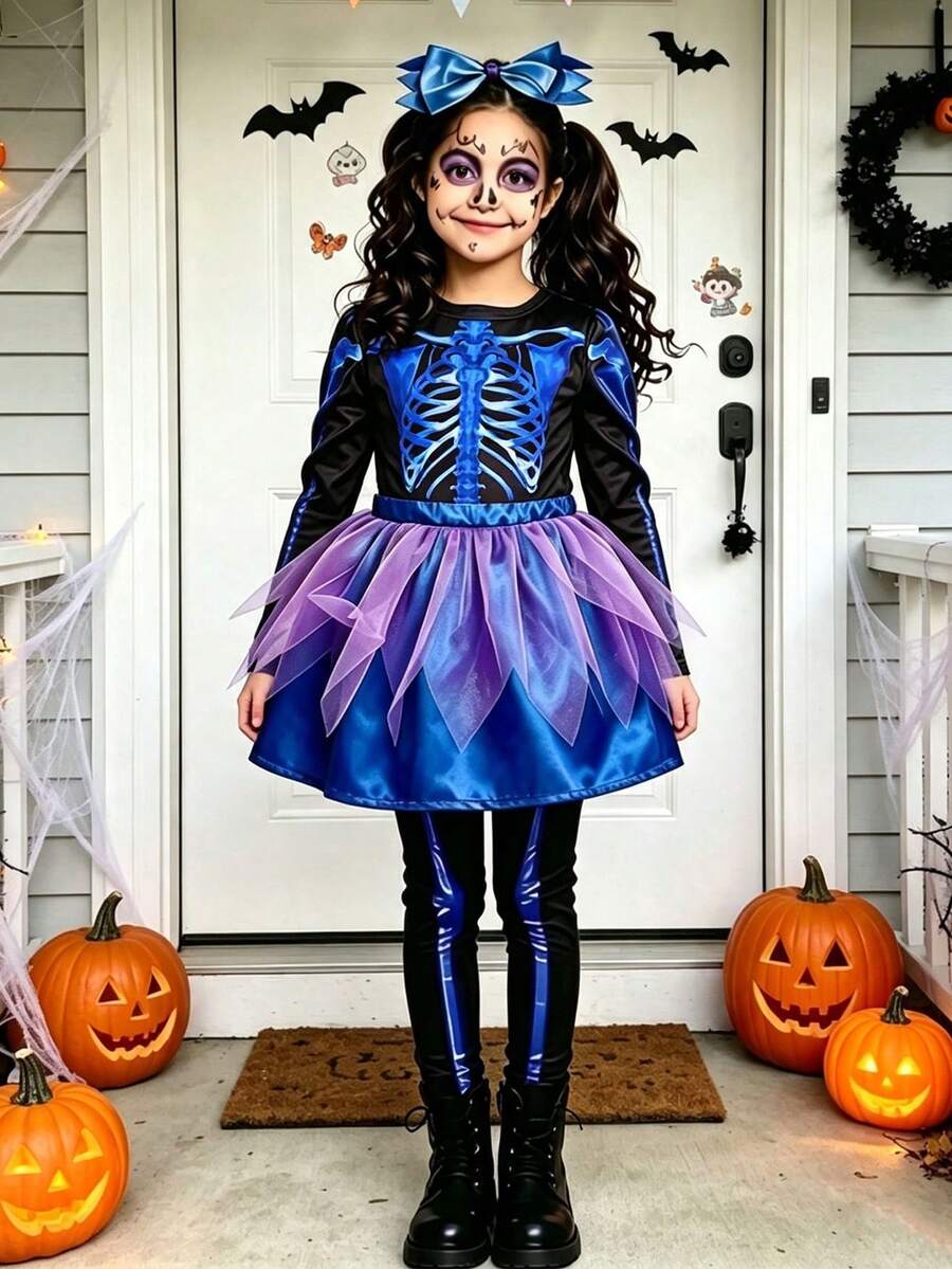 2pcs/Set Cute Skeleton Long Sleeve Jumpsuit & Skirt Set For Young Girl, Halloween Costume, Cosplay Outfit, Role Play