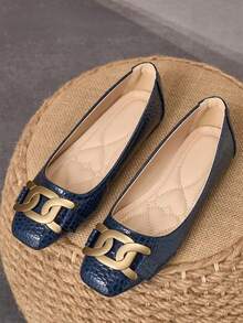 1 Pair Women's Elegant Navy Blue Snake Print Square Toe Ballet Flats, Suitable For Women, Decorated With Metal Buckle, Soft And Non-Slip Sole, Suitable For Work And Daily Occasions - Navy Blue - View 1