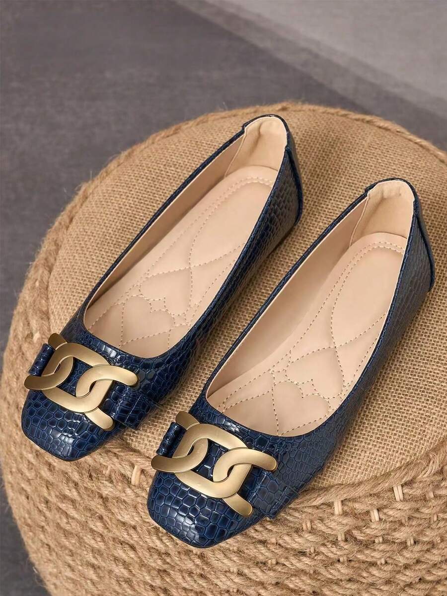 1 Pair Women's Elegant Navy Blue Snake Print Square Toe Ballet Flats, Suitable For Women, Decorated With Metal Buckle, Soft And Non-Slip Sole, Suitable For Work And Daily Occasions - Navy Blue - View 1