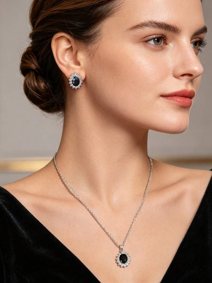 3pcs Fashion Silver Black Pendant Earrings 2pcs Necklace 1pc Set - Black - View 1