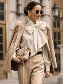 Women's Long Sleeve Blouse With Detachable Oversized Bow, French Puff Sleeves, Stand Collar, Office/Casual Wear, Suitable For Work, Daily, New Year And Various Occasions Spring - Apricot - View 10