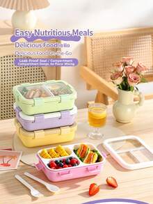 niceforyou 1pc 850ml Leak-Proof PP Or Stainless Steel Material Food Container, Includes Fork And Spoon, Macaron Color Rectangular Lunch Box With Transparent Lid, Microwave , Portable For Office, School, Picnic, All Seasons - Multicolor - View 1