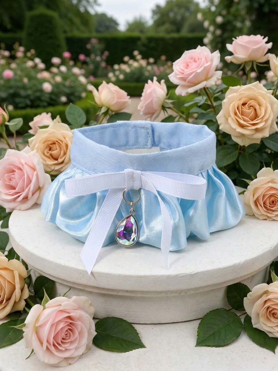 1 st ljusblå volangkrage för husdjur i polyester, vit rosett med droppformad iriserande strass, bekväm design som inte skaver, elegant prinsessstil, fototillbehör för husdjurskläder, passar små hundar och katter - Blå - Visa 1