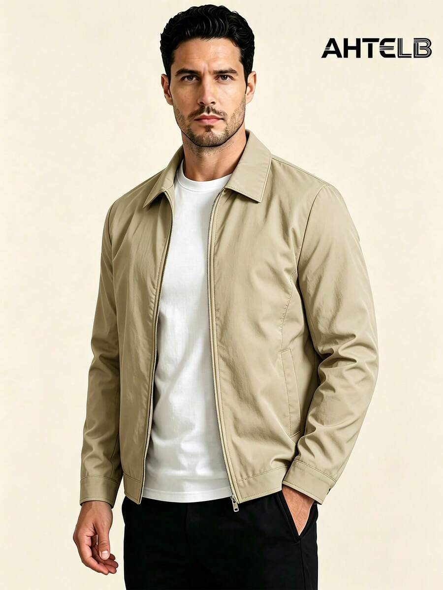 AHTELB Men's Spring/Autumn Stand Collar Jacket, Fashion Casual Solid Color Jacket, Men's Turn Collar Zipper Jacket, Father Sports - Khaki - View 1