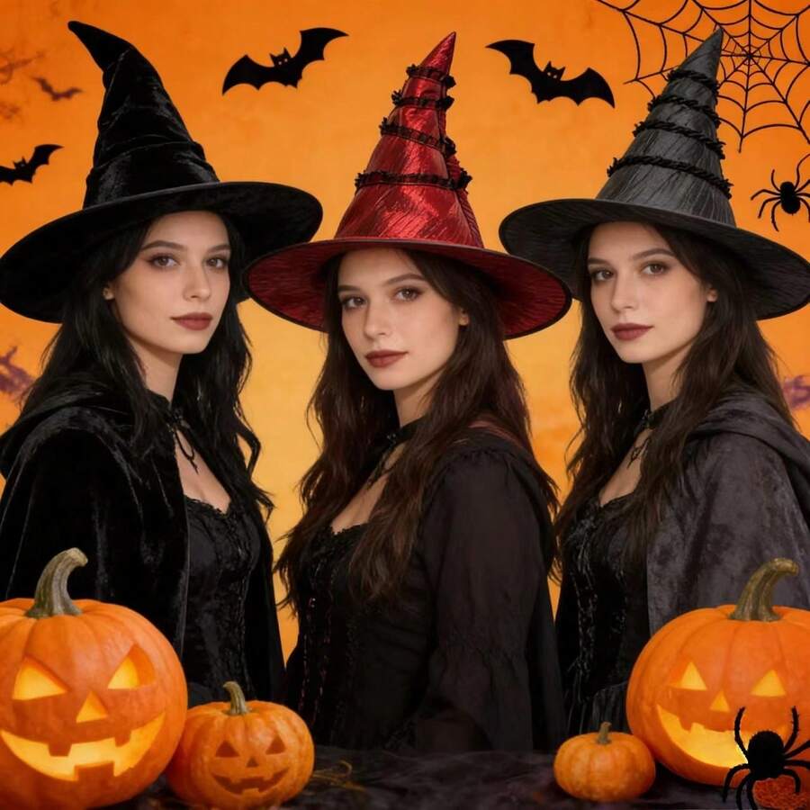 Halloween Velvet Pleated Witch Hat Wizard Hat Party Cosplay Prop Lolita Witch Hat - Multicolor - View 1