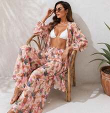 Printed Tulle Beach Cover-Up Shirt And Pants Set - 橘色葉 - 查看 2