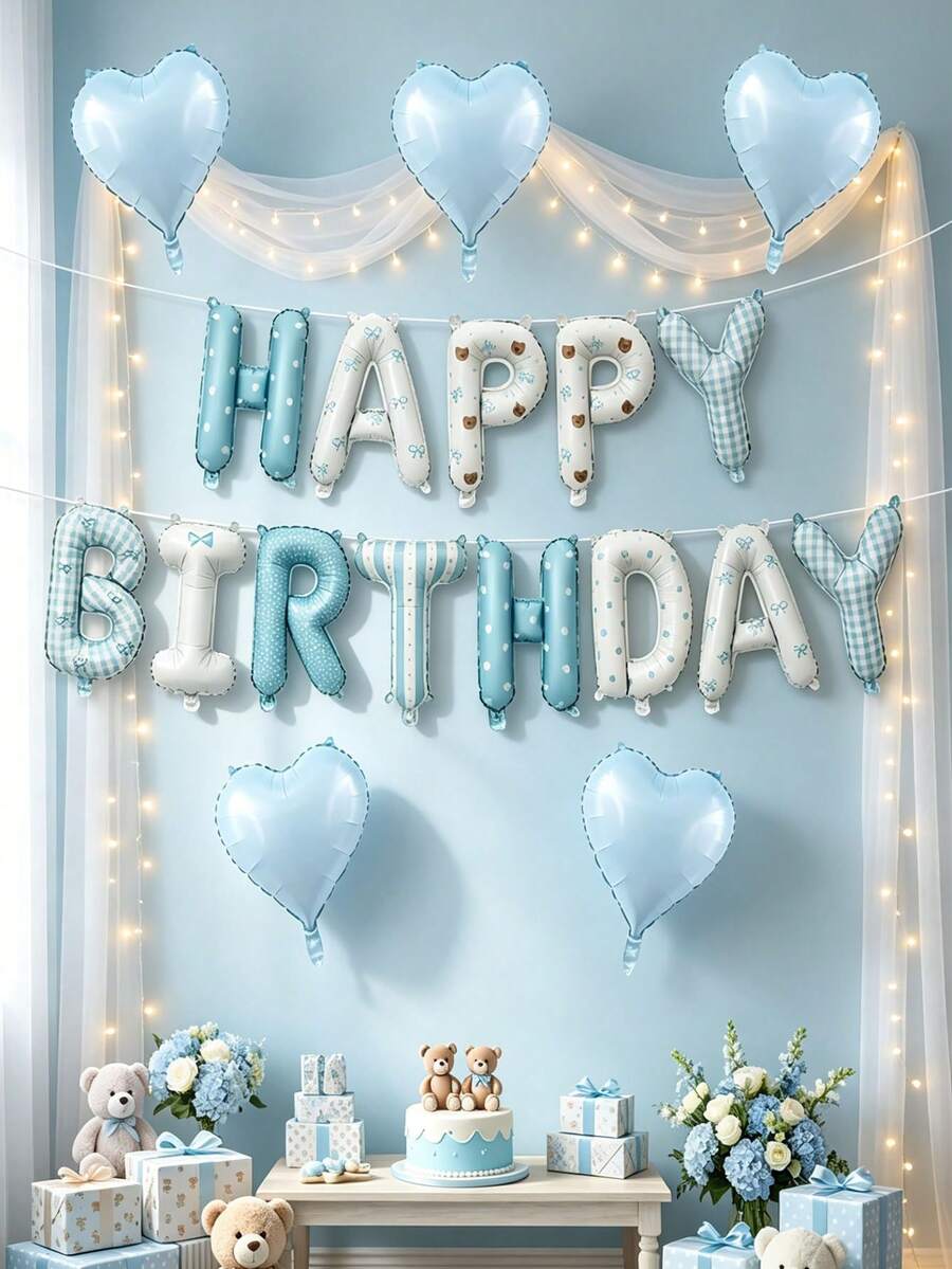 1/5/6件組藍白Happy Birthday字母氣球套組,波點格子條紋鋁箔氣球含愛心,男嬰寶寶迎新派對與周歲生日派對裝飾 - 藍色 - 查看 1