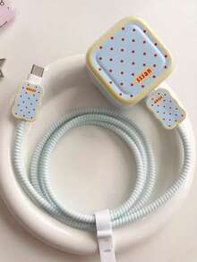 1 Set Pastel Yellow, Light Blue & Red Polka Dot Charging Cable Protector Set, Compatible With Apple 20W/18W Charger Head, Protector, Anti-Fall, Cable Organizer, Compatible With IPhone 17 16 15 14 13 12 11 20W Charging Adapter - Multicolor - View 4
