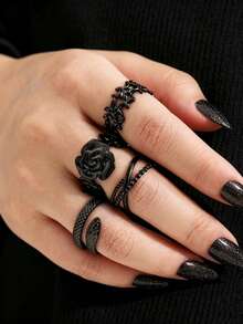 Gothic Women's Ring Set, Stackable Black Halloween Jewelry, Snake And Flower Design, Multi-Element, Holiday Gift - Black - View 1