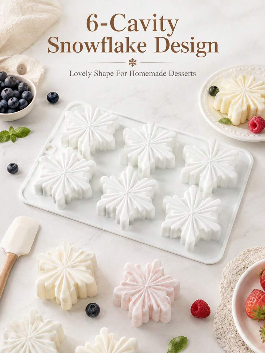 1pc 6-Cavity Snowflake Cake Mold, Decorative Baking Tray For Mousse, Pudding, Chocolate Desserts, Christmas Winter Party, Home Kitchen Easy Release Creative Baking Dessert Making Tool - White - View 1