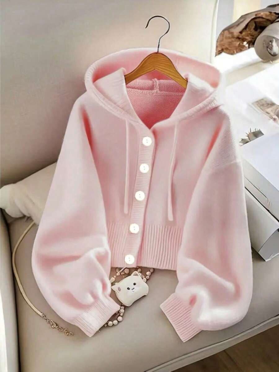 Women's Solid Color Single-Breasted Long-Sleeve Hooded Knit Jacket Yellow Autumn - Babypink - View 1
