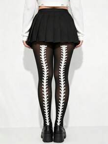 1 Pair Plus Size Women Gothic Y2K Skeleton Print Sheer Tights, Back Spine Seam + Full Leg Bone Dual Style, Subculture Pantyhose, Suitable For Halloween Cos Party Outfit - Black - Back Print Style - View 2