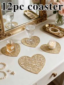 12pcs, Gold Heart Hollow Drink Coasters, Washable Table Accessories, Non-Slip Table Mats, Breathable And Heat Dissipating, Lightweight And Easy To Store, Suitable For Restaurants, Cafes, Homestays, Compatible With Afternoon Tea, Festivals, Parties, Gatherings, Birthdays, Weddings, Dinners. - Multicolor - View 14