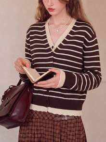 Women's Autumn Casual Elegant Classic Striped 2 In 1 Knit V-Neck Cardigan - Coffee Brown - View 2