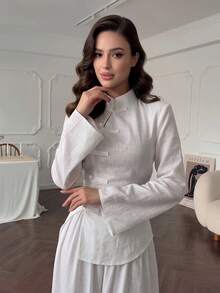 Women's Light Chinese Style Shirt With Frog Buttons And Back Tie Waist - White - View 5