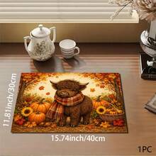 Autumn Highland Cow Print Scarf Pattern Absorbent Mat/Drying Mat/Coaster For Coffee Machine And Tableware - Absorbent Polyester Desktop Protector With Rubber Non-Slip Backing, For Kitchen Countertop Decoration - Home Bar And Dining Table Placemat - Multicolor - View 3