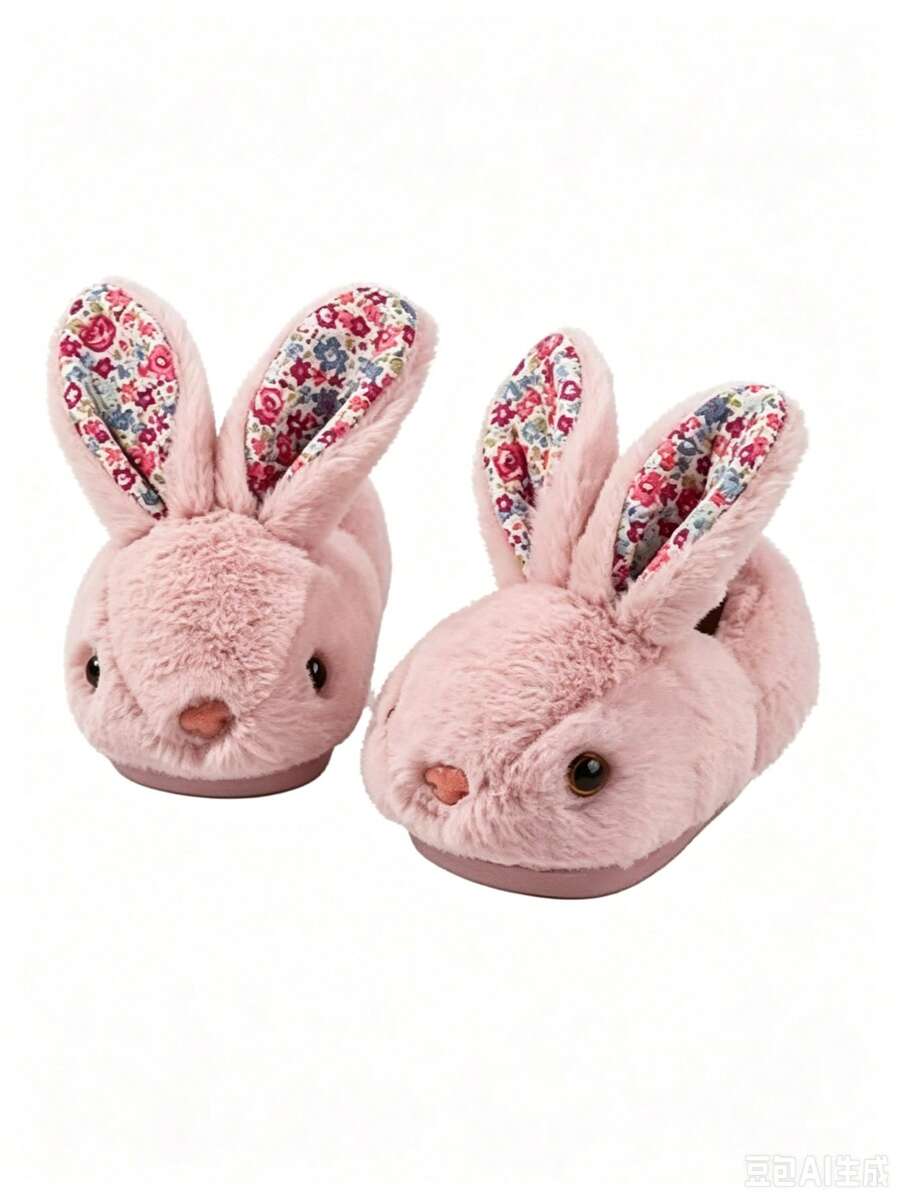 Children's Autumn/Winter Cartoon Rabbit Warm Plush Slippers, Soft Indoor Rabbit Slippers For Boys And Girls - Pink - View 1