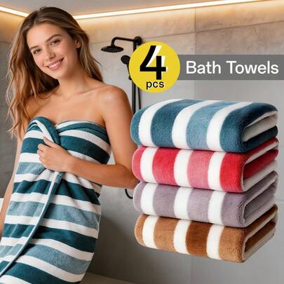 1/4pcs Striped Bath Towel Set, Beach Towel Bath Towel, Absorbent And Quick-Drying Shower Towel, Super Soft And Skin-Friendly Bathing Towel, For Home Bathroom, Ideal Bathroom Supplies Family Essentials Home Decor And Accessories Bathroom Accesssories