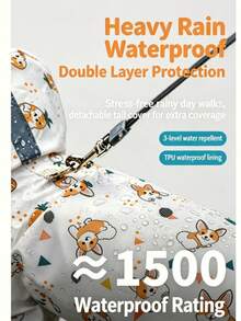 1 Set Full Coverage Hooded Cartoon Waterproof Dog Raincoat With Transparent Face Shield And Reflective Strips, Cute Corgi Or Dinosaur Pattern, Comes With Matching Leash, Suitable For Small, Medium And Large Dogs For Rainy Day Outdoor Walks, Random Style And Color - Multicolor - View 4